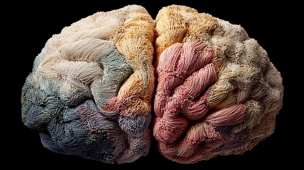 A model of a human brain with colorful threads connecting different regions, representing cognitive pathways