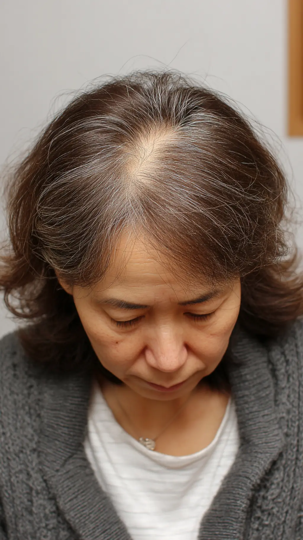 가늘어진 모발과 두피가 보이는 여성의 정수리 클로즈업