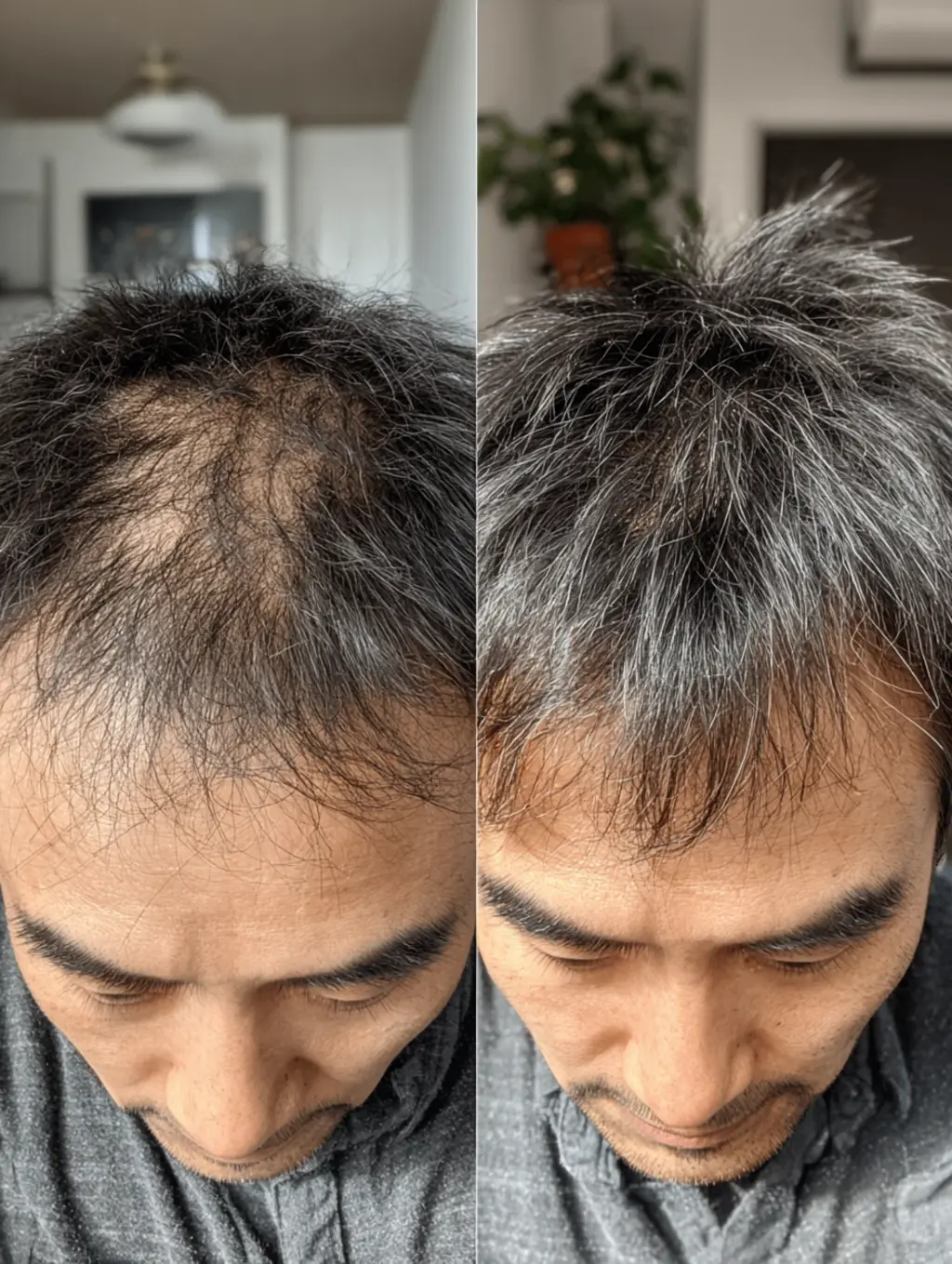두피 관리 전후의 모발 상태를 비교하는 사진