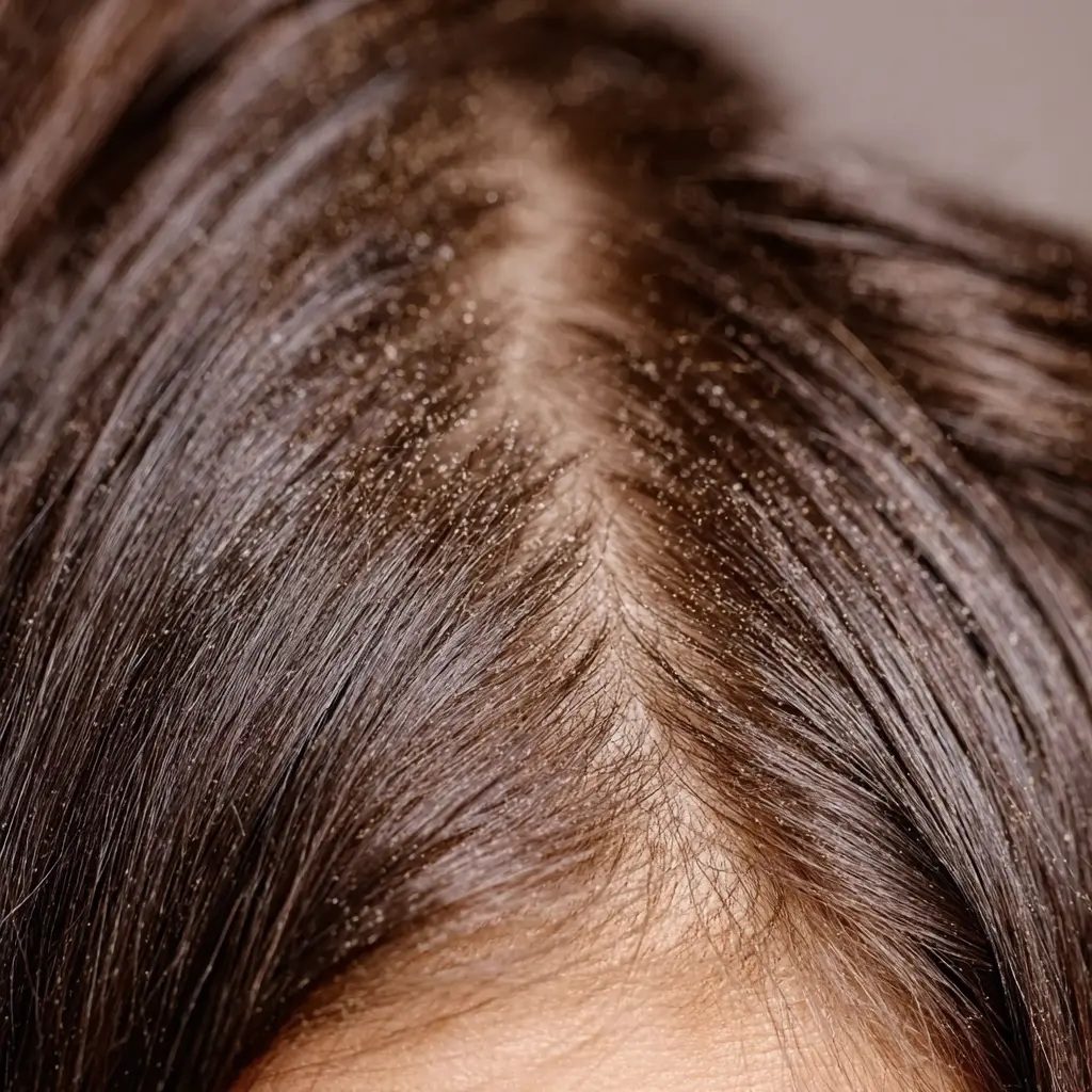 어두운 모발의 비듬성 두피 문제 이미지