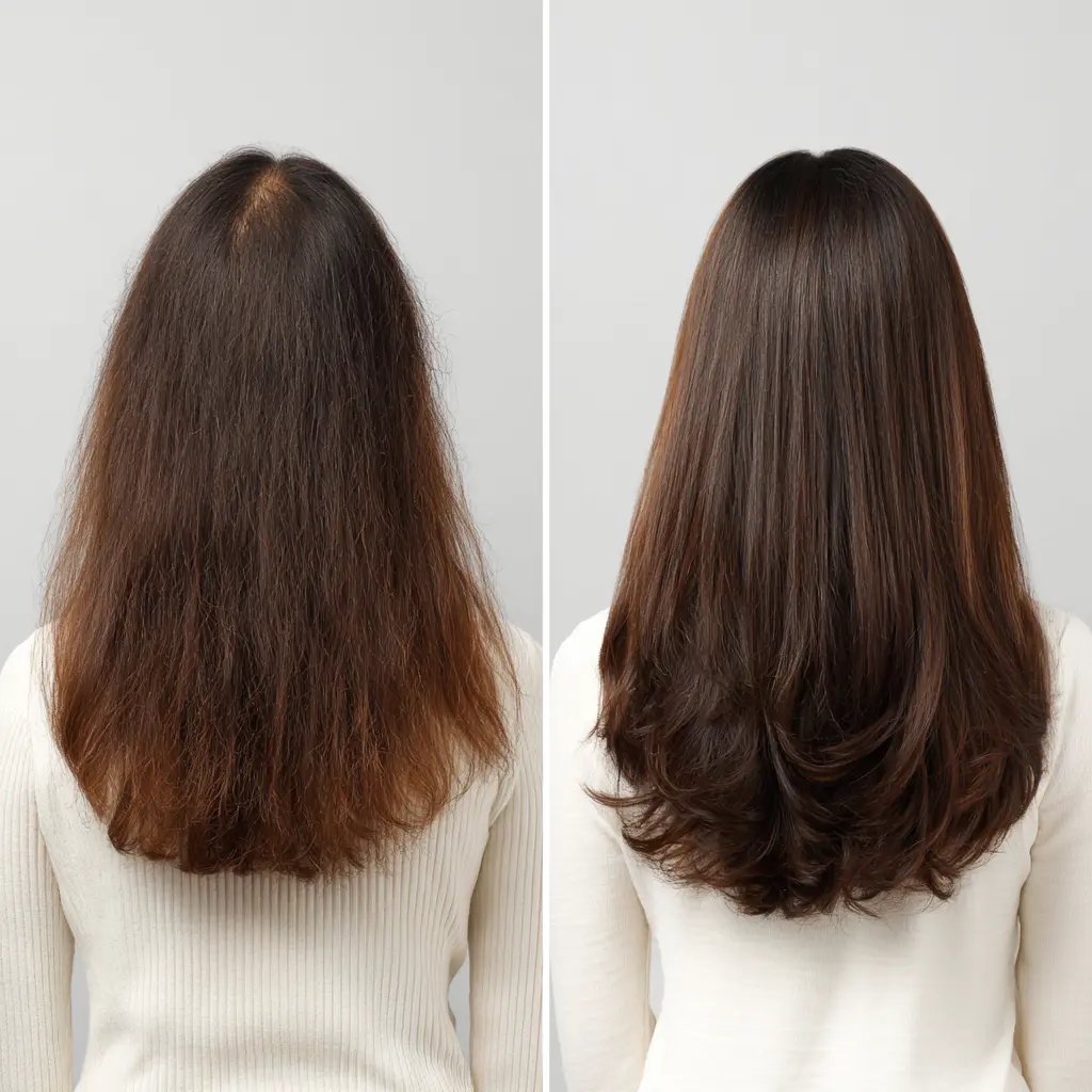 관리 전후의 머릿결 변화를 보여주는 이미지