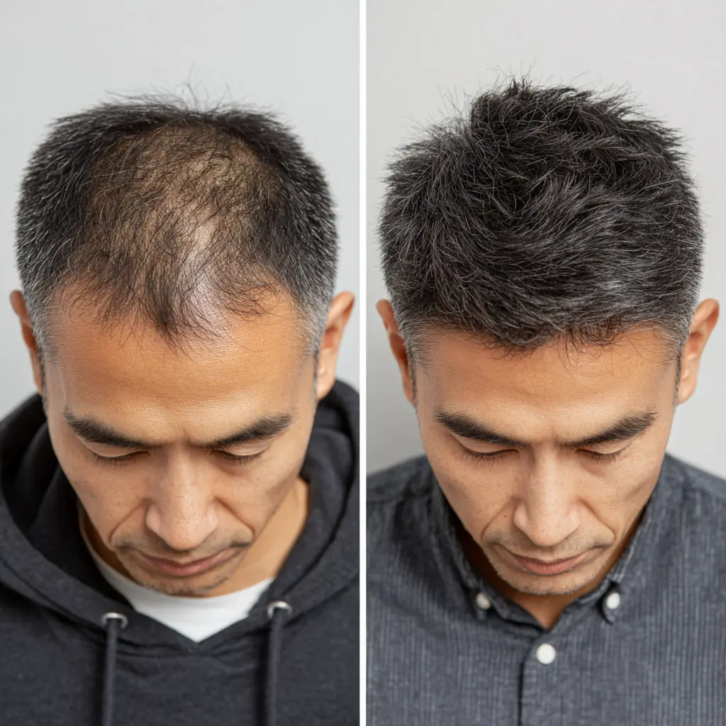 출산 후 탈모로 인해 정수리가 비어 보이는 여성 두피 사진