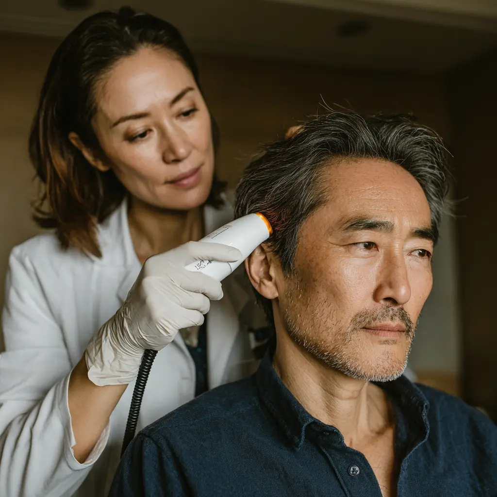 전문가가 레이저로 두피 탈모 치료를 진행하는 이미지