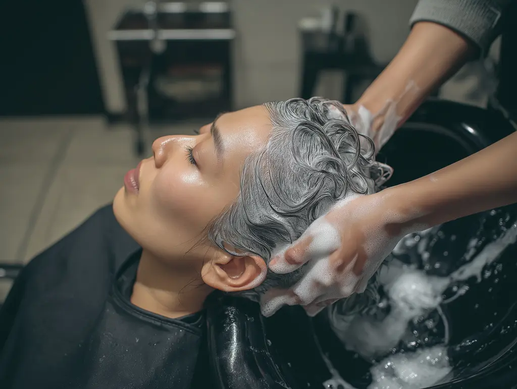 헤어 살롱의 스파 시설에서 한 여성이 머리를 감으며 편안하게 누워있는 모습