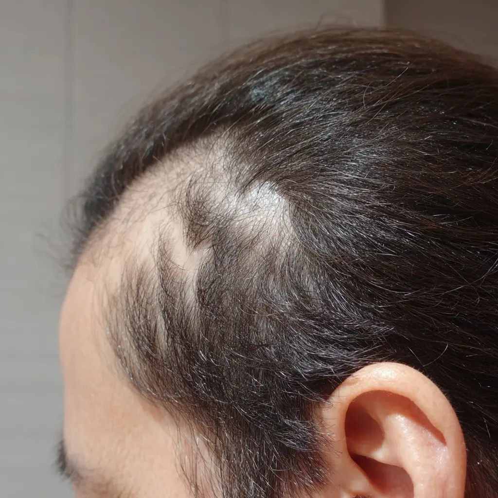 옆머리 탈모로 고민하는 여성의 두피 클로즈업 이미지