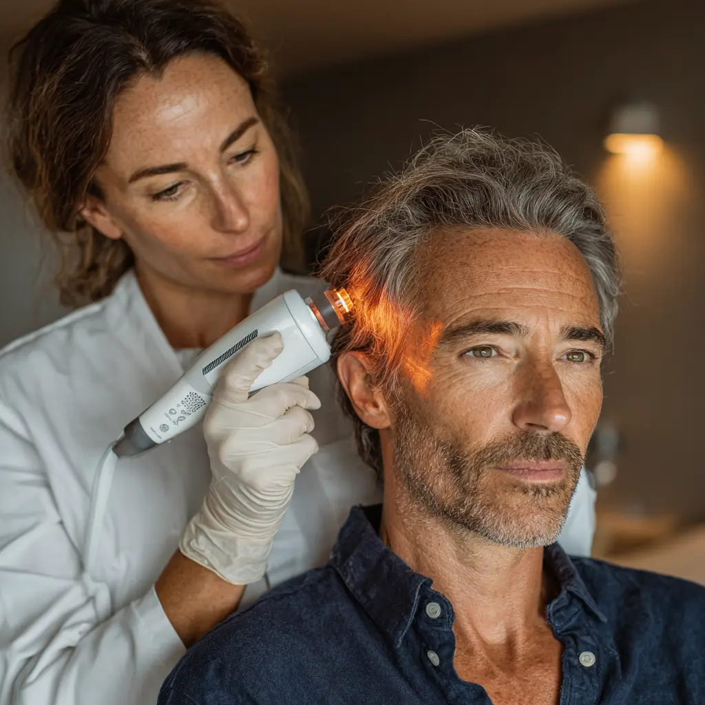 여성이 탈모빔(적색광) 관리를 받으며 편안하게 쉬는 모습