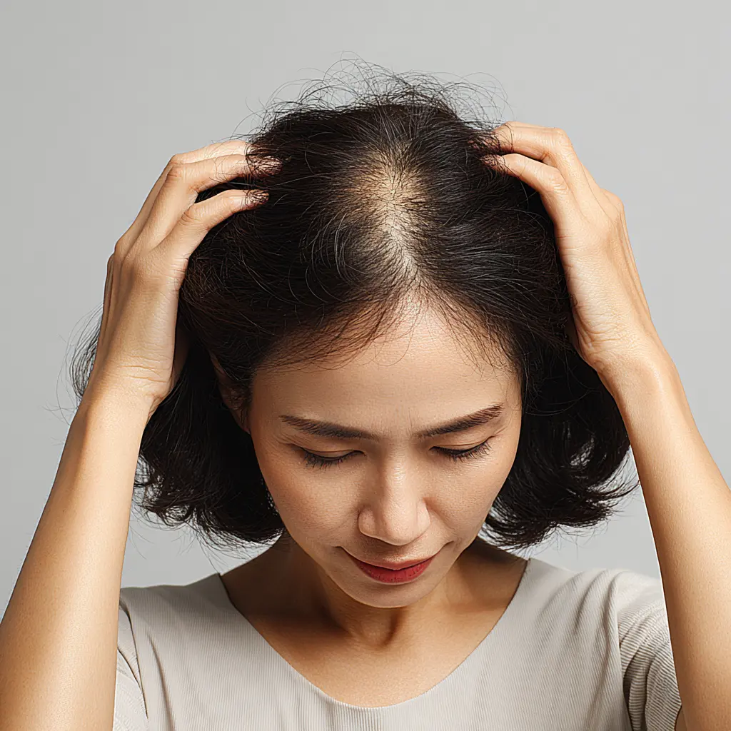 머리카락을 보며 탈모를 걱정하는 여성