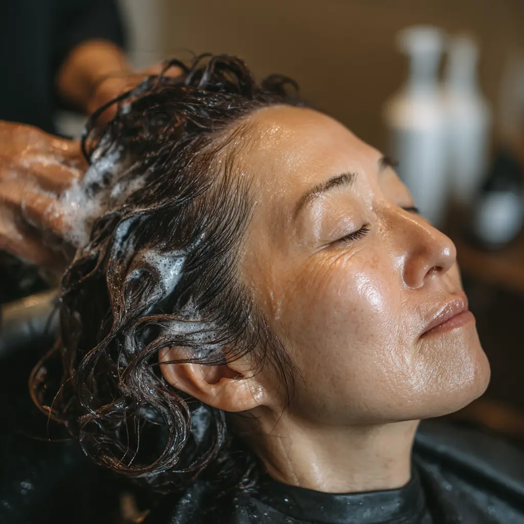 전문가에게 샴푸 케어를 받는 여성