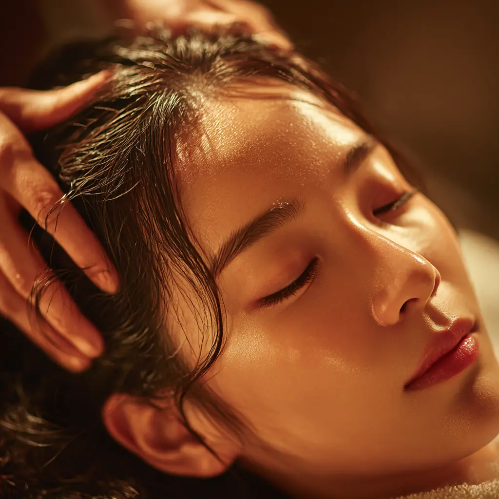 크리시모 헤드스파에서 관리를 받으며 휴식을 취하는 고객의 모습