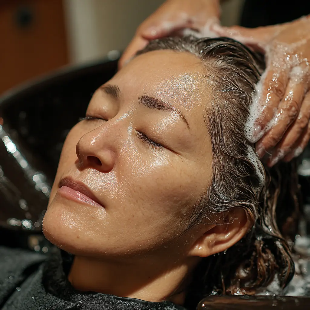 헤드스파K에서 두피샴푸 관리를 받으며 편안해하는 여성